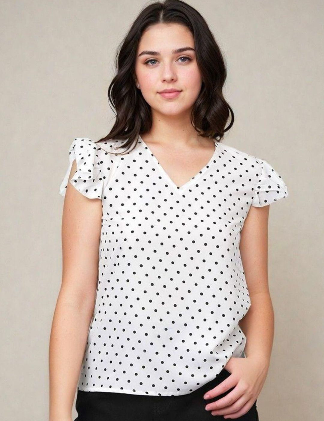 Kotty Women Polka Dot Printed V-Neck Flutter Sleeve Top