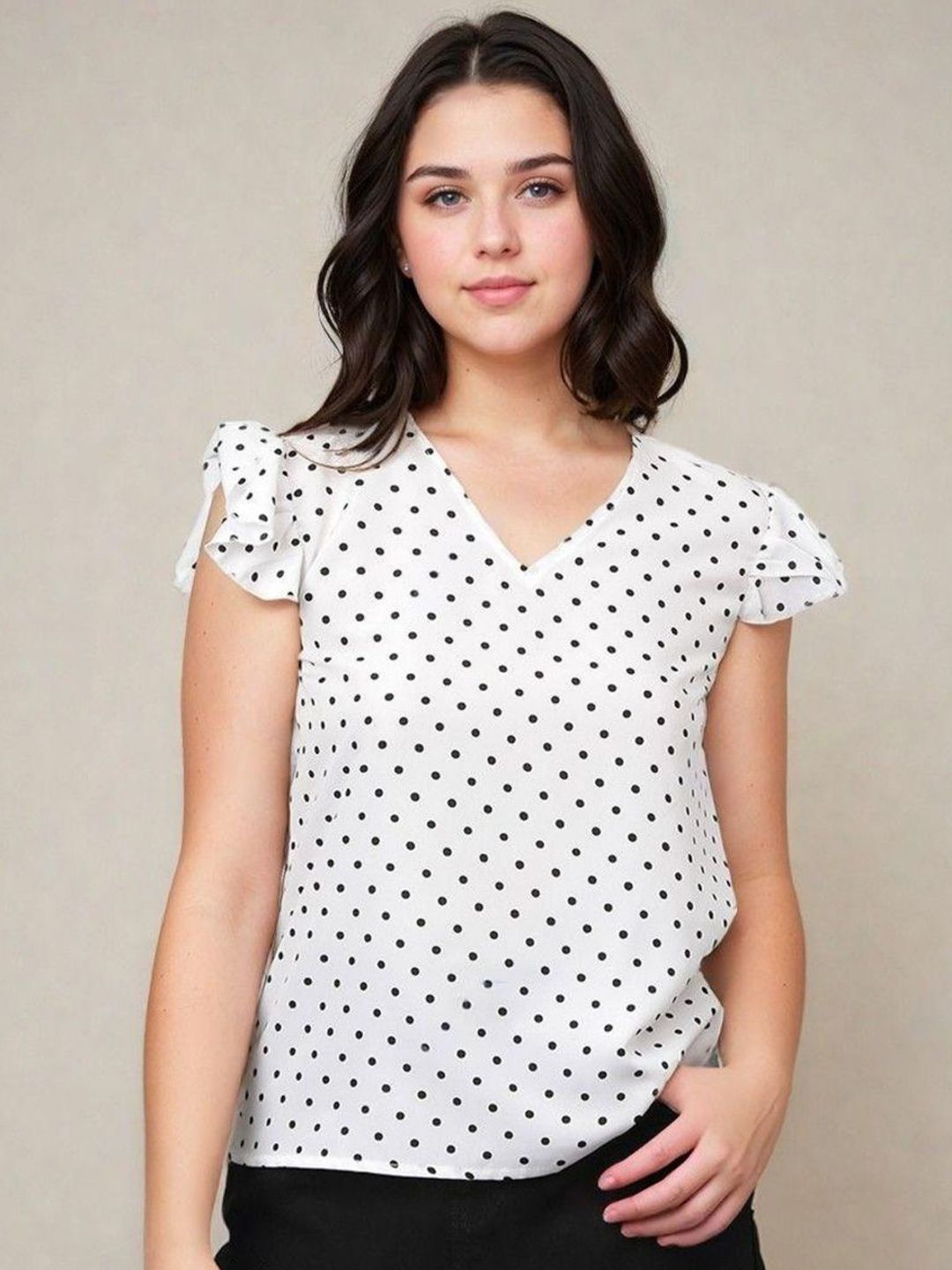 Kotty Women Polka Dot Printed V-Neck Flutter Sleeve Top