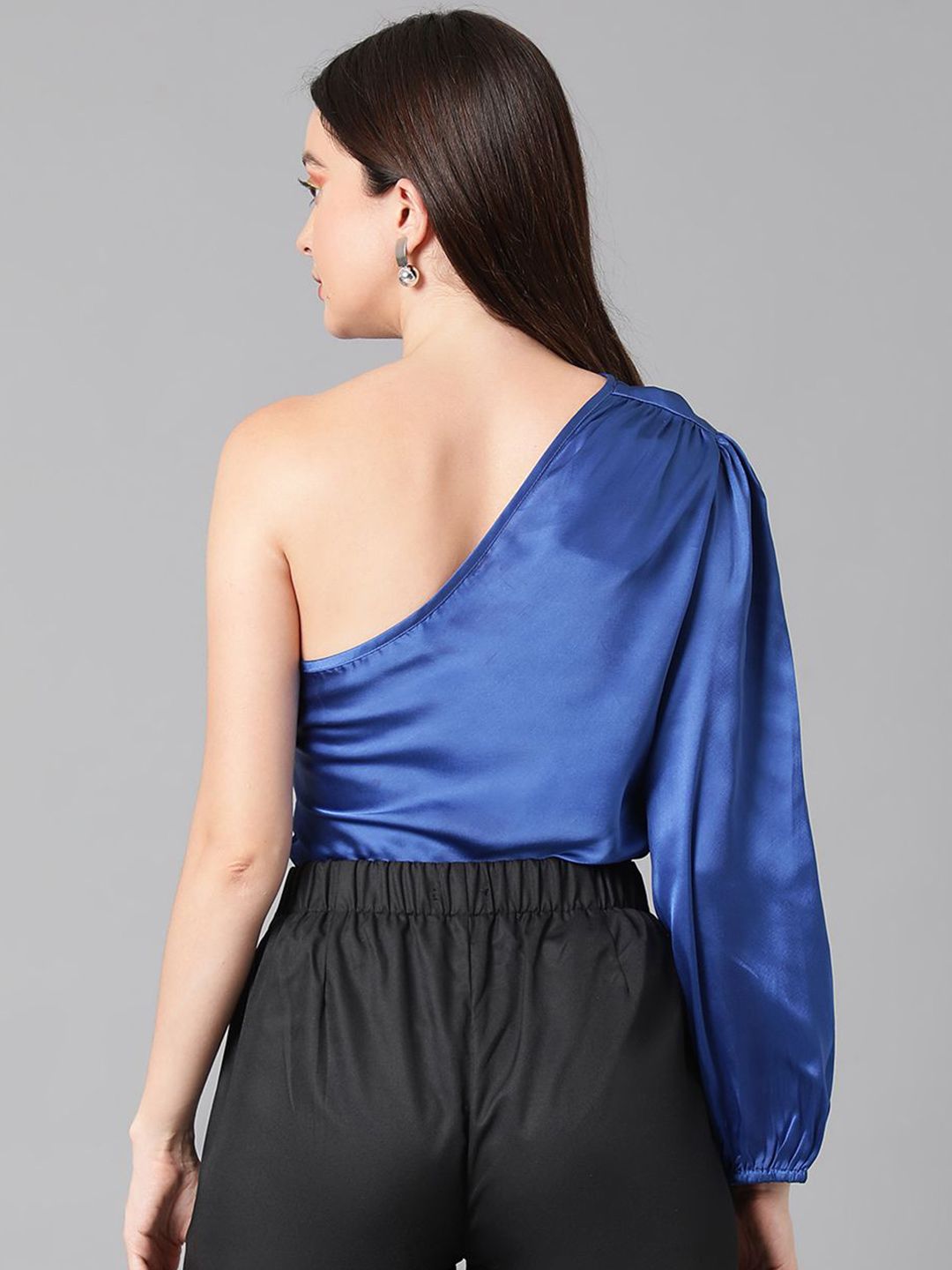 Kotty Women One Shoulder Bishop Sleeves Satin Top