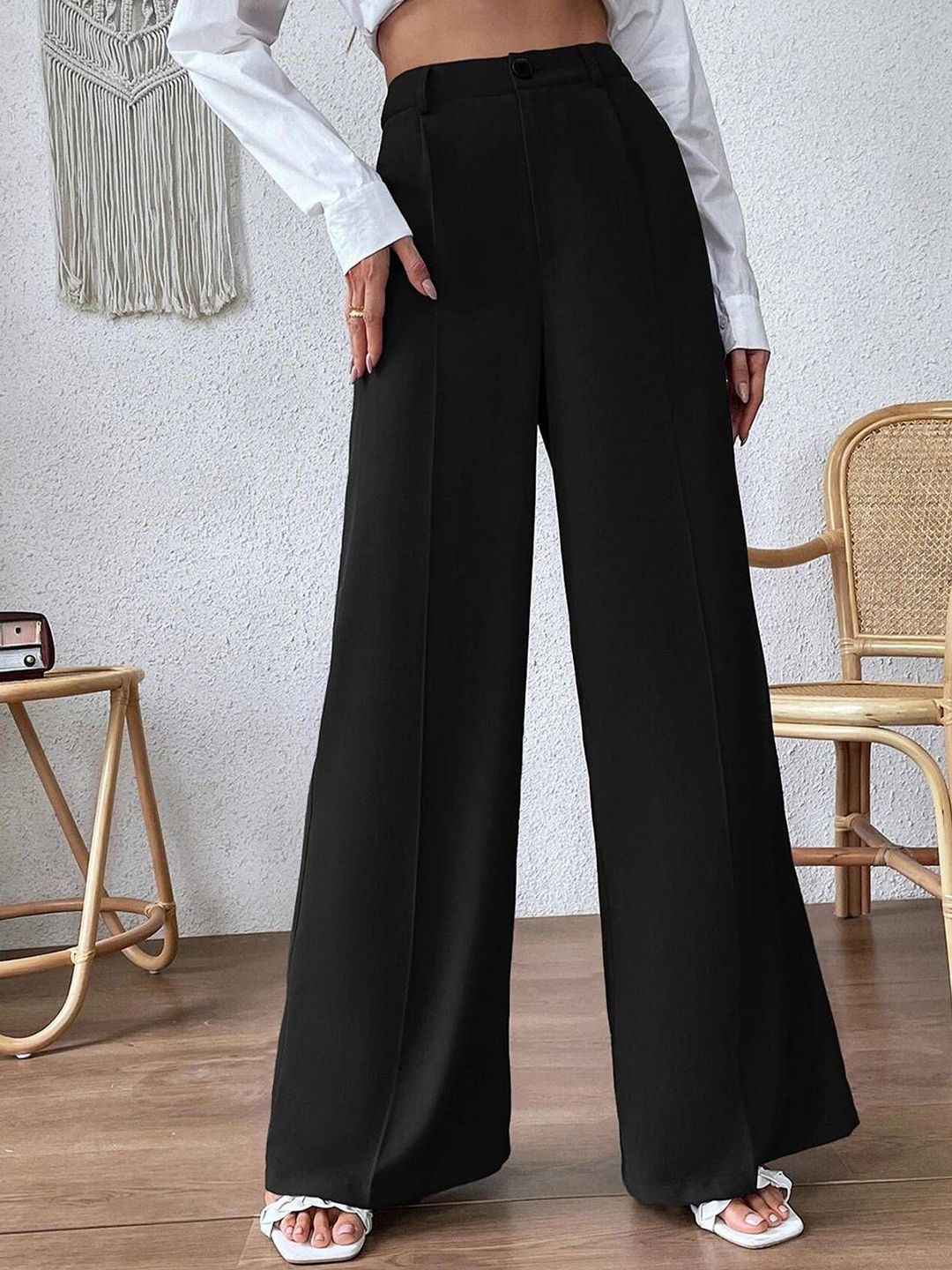 KOTTY Basics Women Relaxed Straight Leg High-Rise Easy Wash Trousers