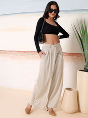 Kotty Women Solid Comfort Flared High-Rise Pleated Parallel Trousers