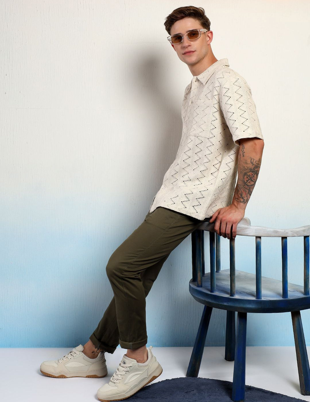 Kotty Chevron Cotton Spread Collar Short Sleeves Shirt