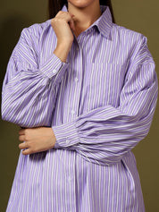 Kotty Women Oversized Fit Spread Collar Vertical Striped Cotton Casual Shirt