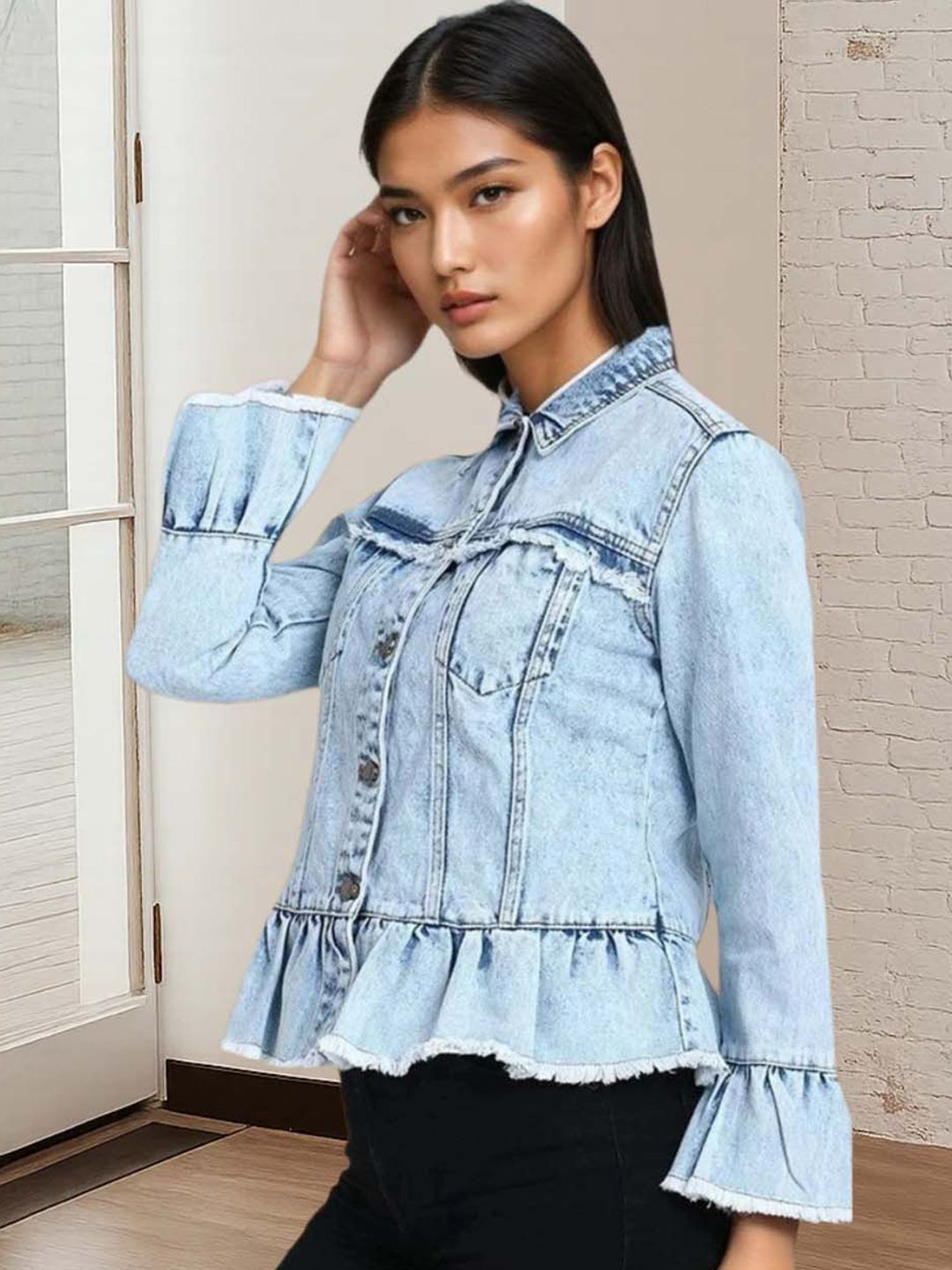 Kotty Women Spread Collar Solid Denim Jacket