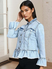 Kotty Women Spread Collar Solid Denim Jacket