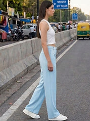 Blue Regular Fit High-Rise Trousers for Women – Chic Solid Design | Kotty