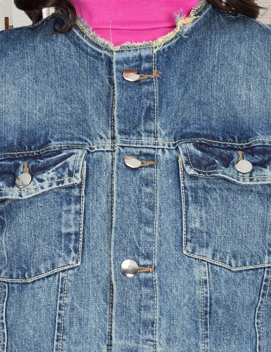 Kotty Women Collarless Solid Denim Jacket