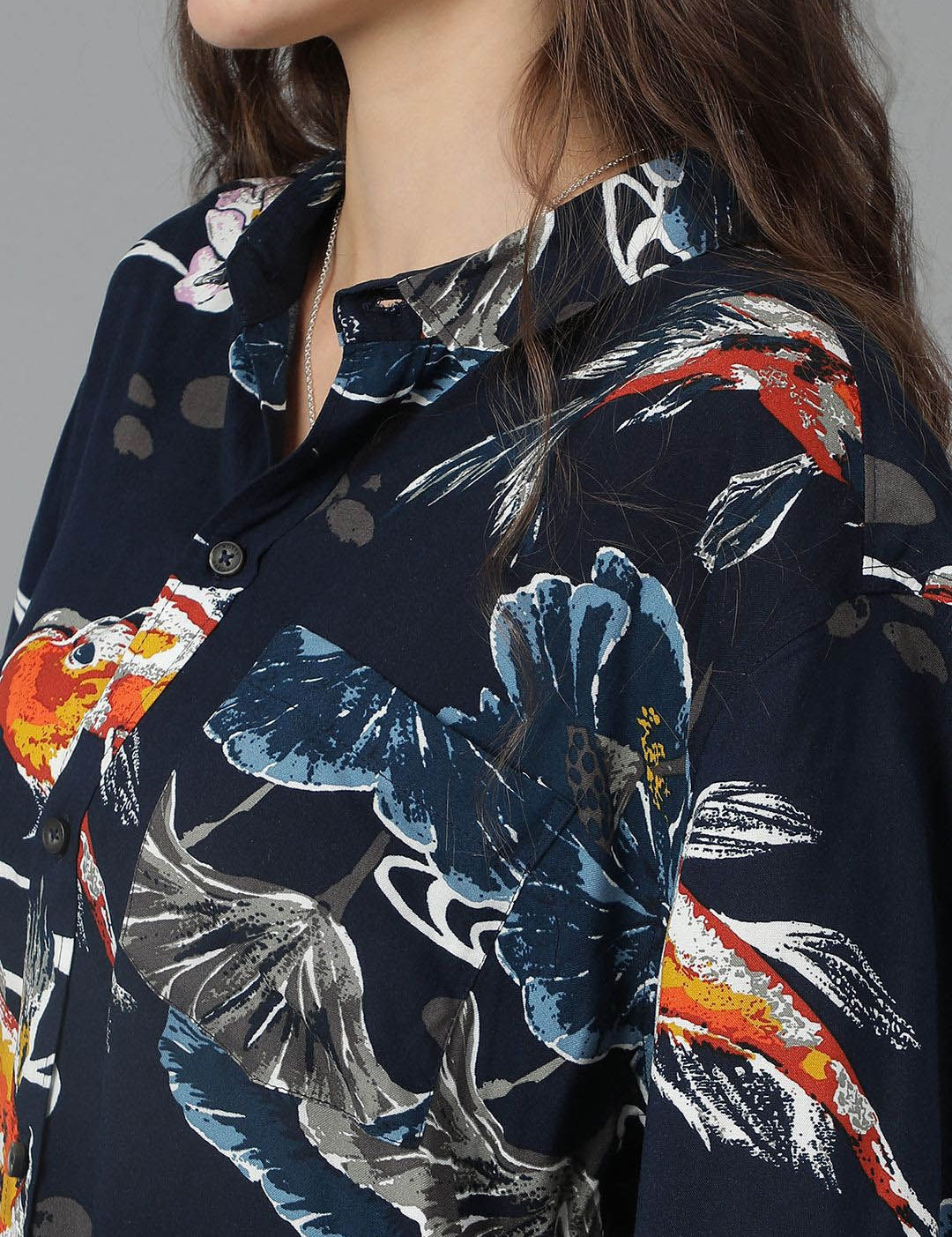 Kotty Women Spread Collar Abstract Printed Cotton Oversized Casual Shirt