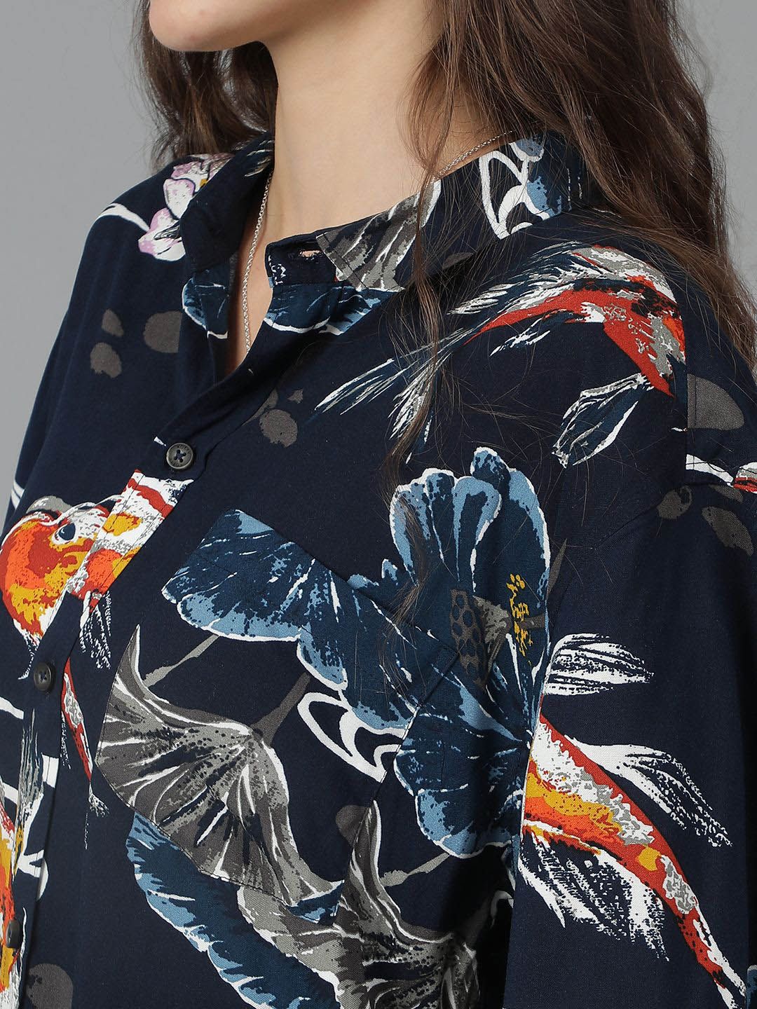 Kotty Women Spread Collar Abstract Printed Cotton Oversized Casual Shirt