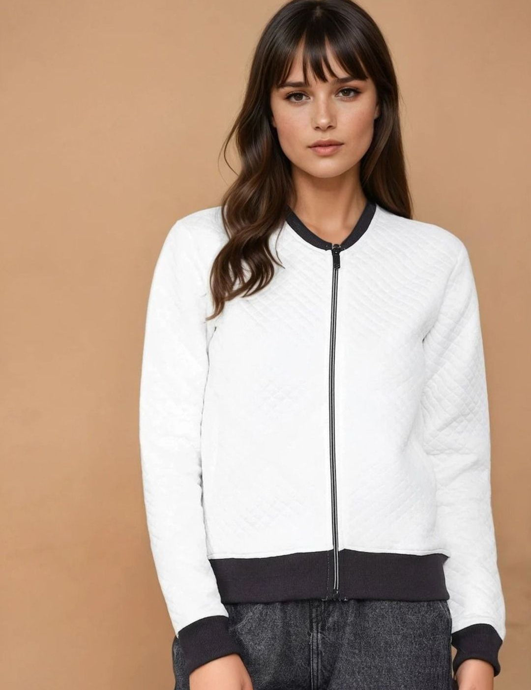 Kotty Women Mandarin Collar Self Design Bomber Jacket