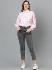 Kotty Women Comfort Spread Collar Vertical Striped Cotton Oversized Casual Shirt