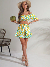 Kotty White & Yellow Printed Off-Shoulder Crop Top With Skirt