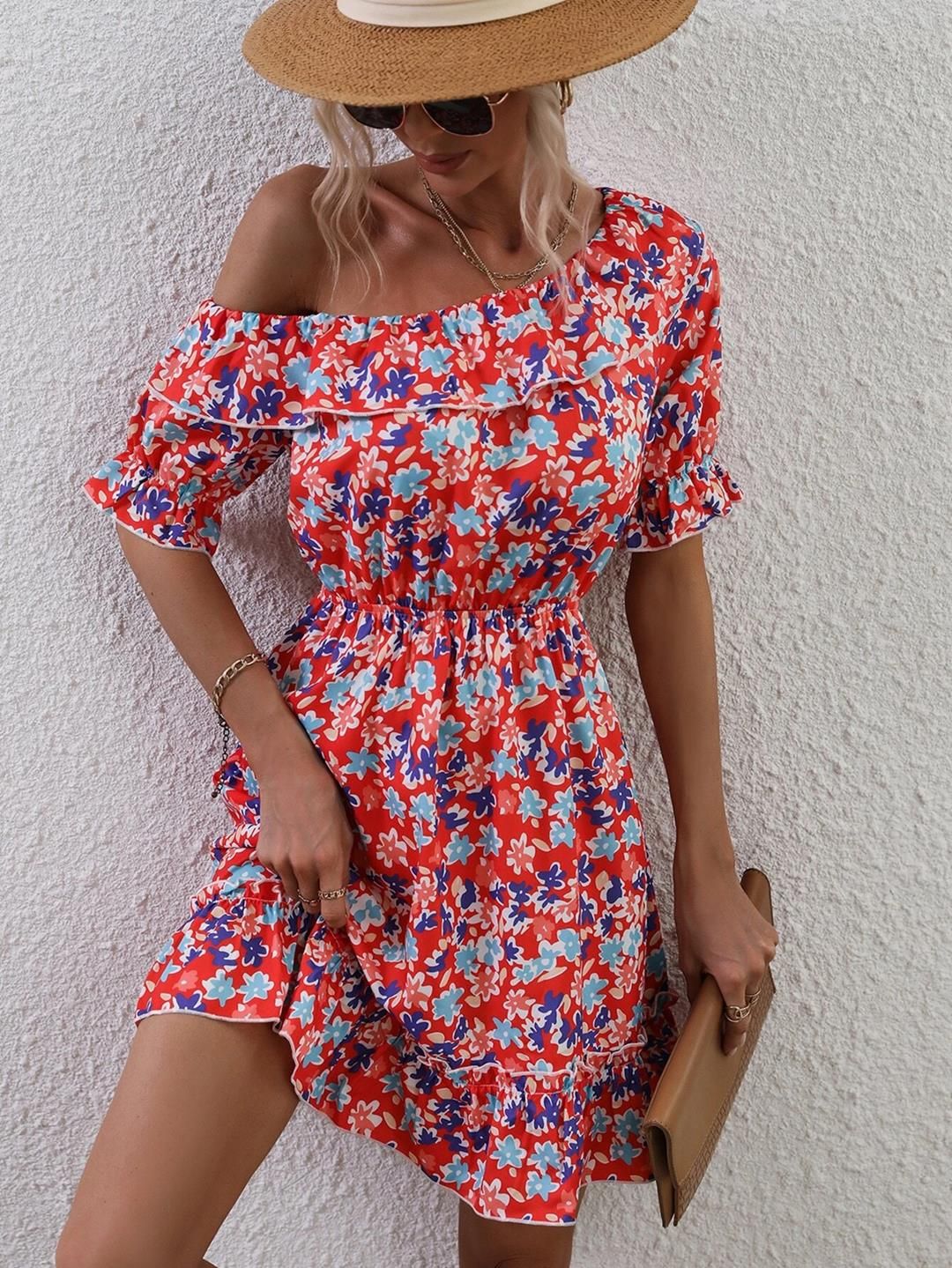 Kotty Floral Print Puff Sleeves Fit & Flare Dress