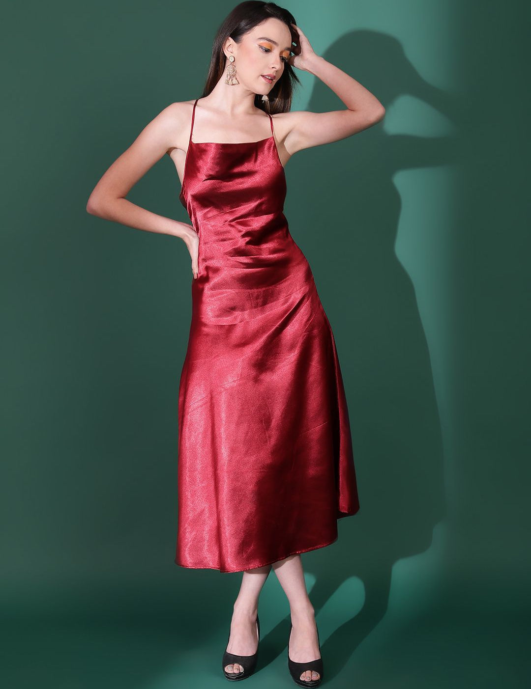 Kotty Cowl Neck Satin A-Line Midi Dress