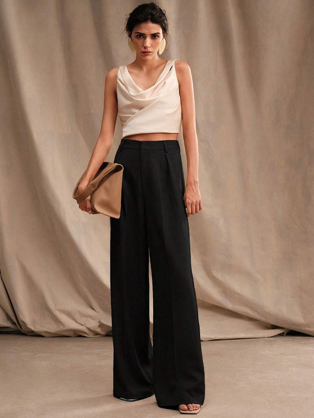 Kotty Women Relaxed Straight Fit High-Rise Pleated Wide Leg Trousers
