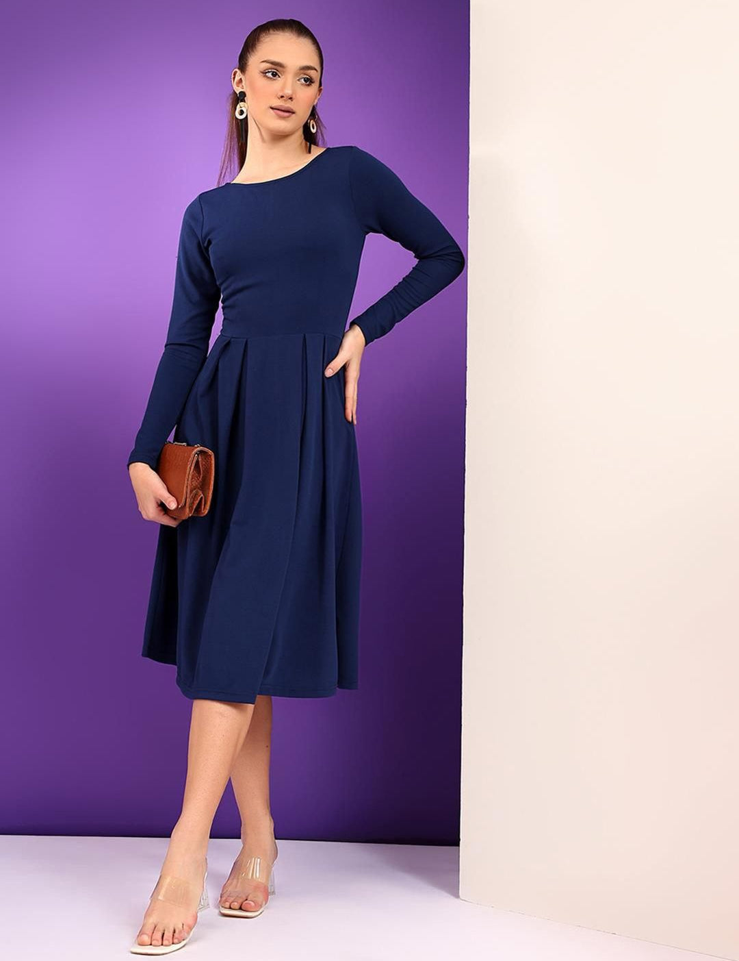 Kotty Round Neck Pleated Fit & Flare Dress