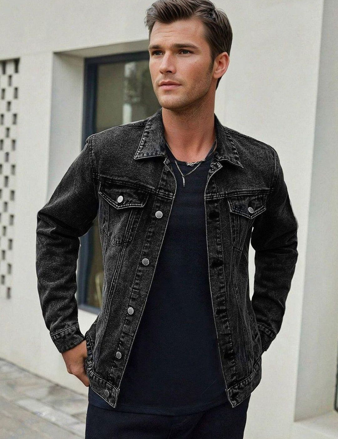 Kotty Men Solid Spread Collar Denim Jacket