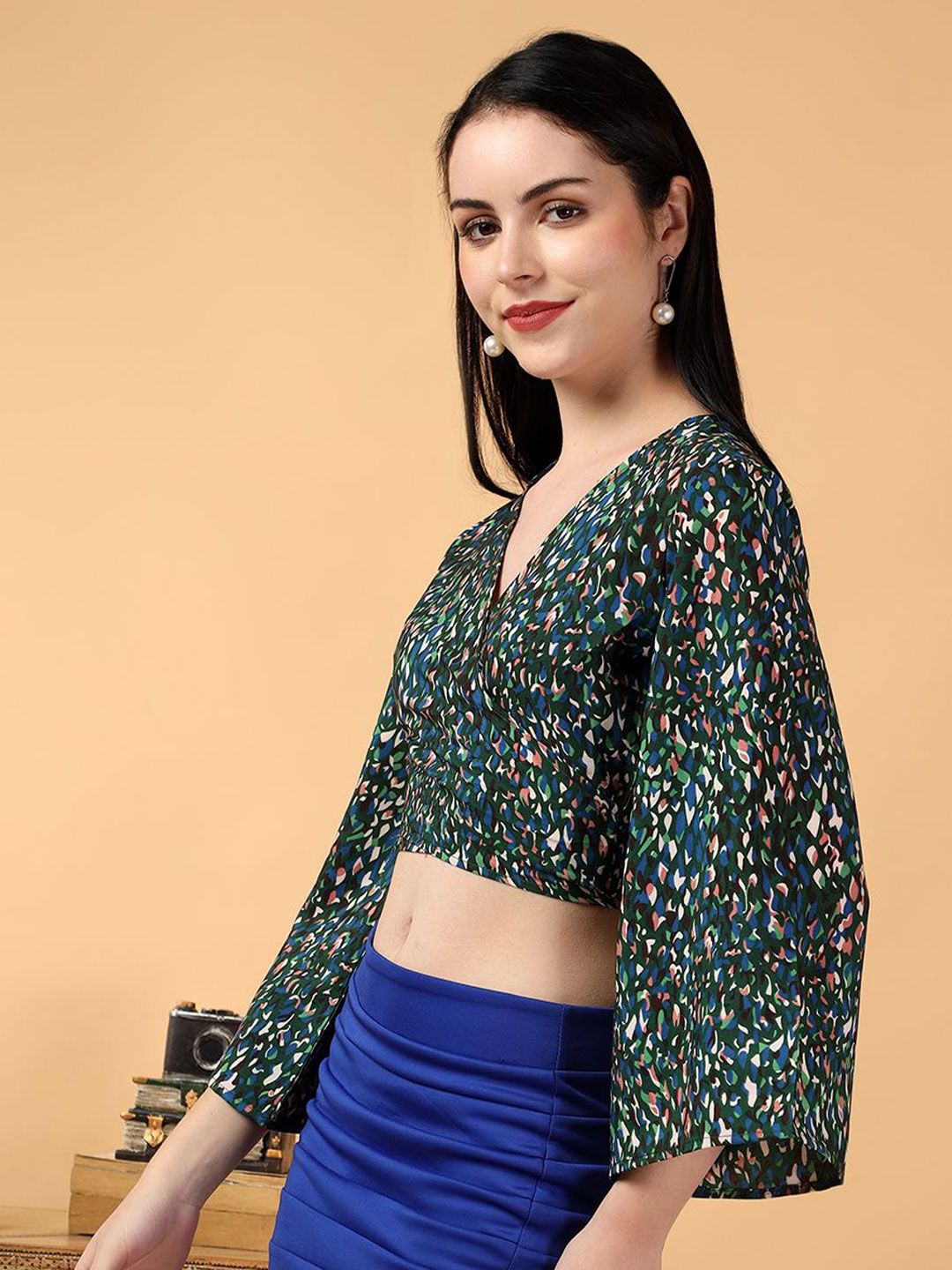 Kotty Floral Print Bell Sleeve Crepe Wrap Crop Top