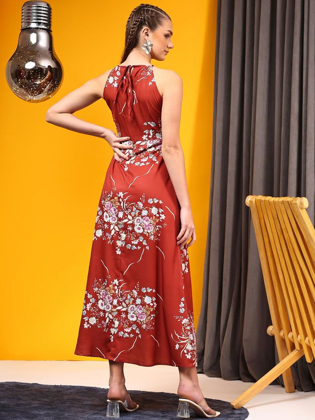 Kotty Print Halter Neck Crepe A-Line Midi Dress