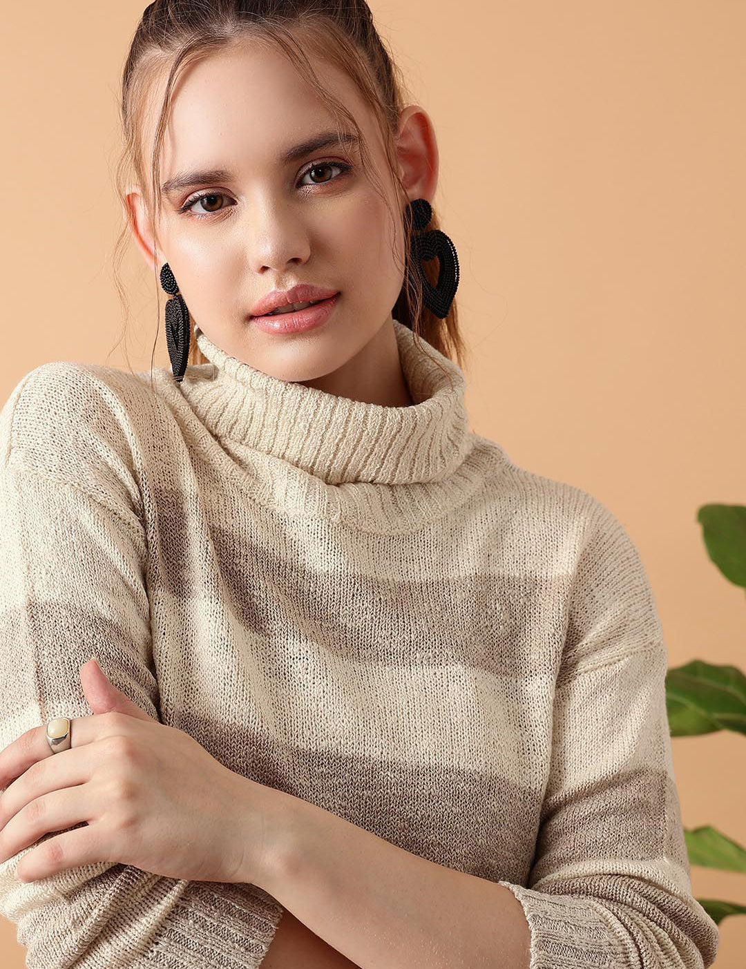 Kotty Women Cotton Striped Turtle Neck Long Sleeves Pullover Sweater