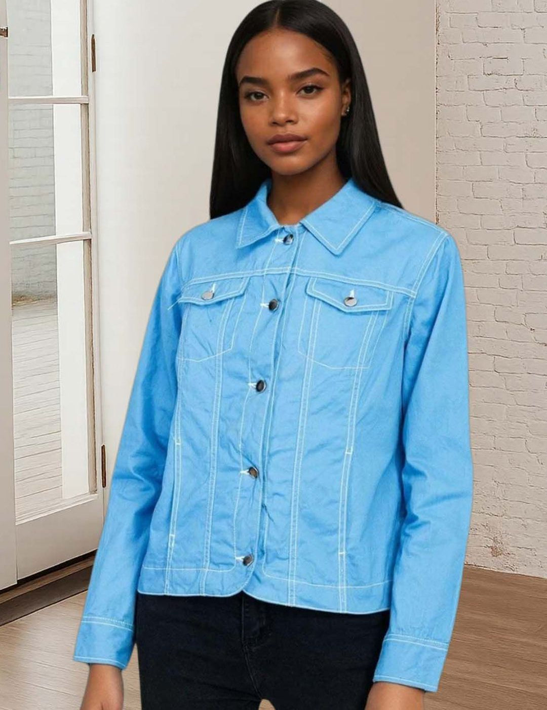 Kotty Women Spread Collar Solid Denim Jacket