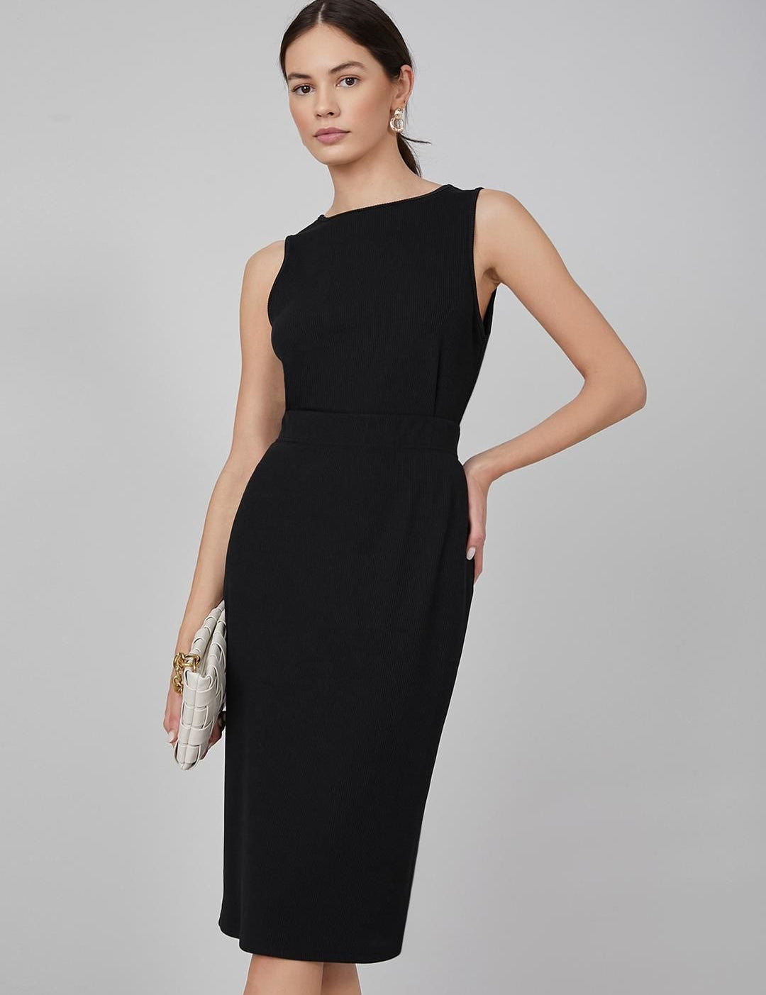 Kotty Black Boat Neck Straight Midi Bodycon Dress