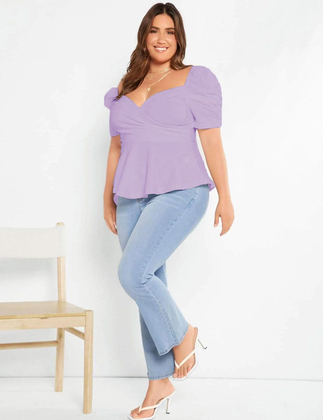 KOTTY Sweetheart Neck Puff Sleeve Peplum Top