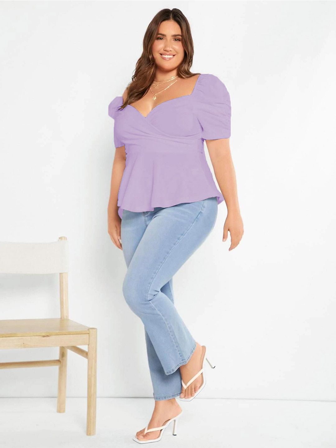 KOTTY Sweetheart Neck Puff Sleeve Peplum Top