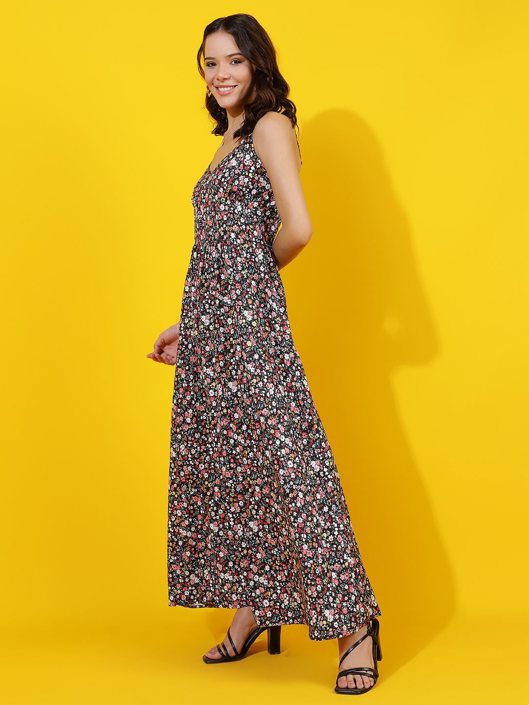 Kotty Women Shoulder Straps Floral Printed Gathered or Pleated Maxi Dress