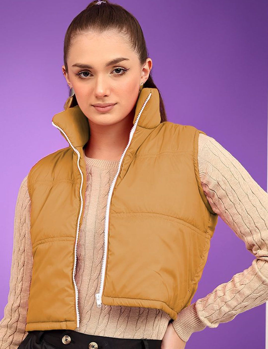Kotty Women Mock Collar Solid Cotton Insulator Crop Gilet Jacket