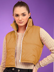 Kotty Women Mock Collar Solid Cotton Insulator Crop Gilet Jacket