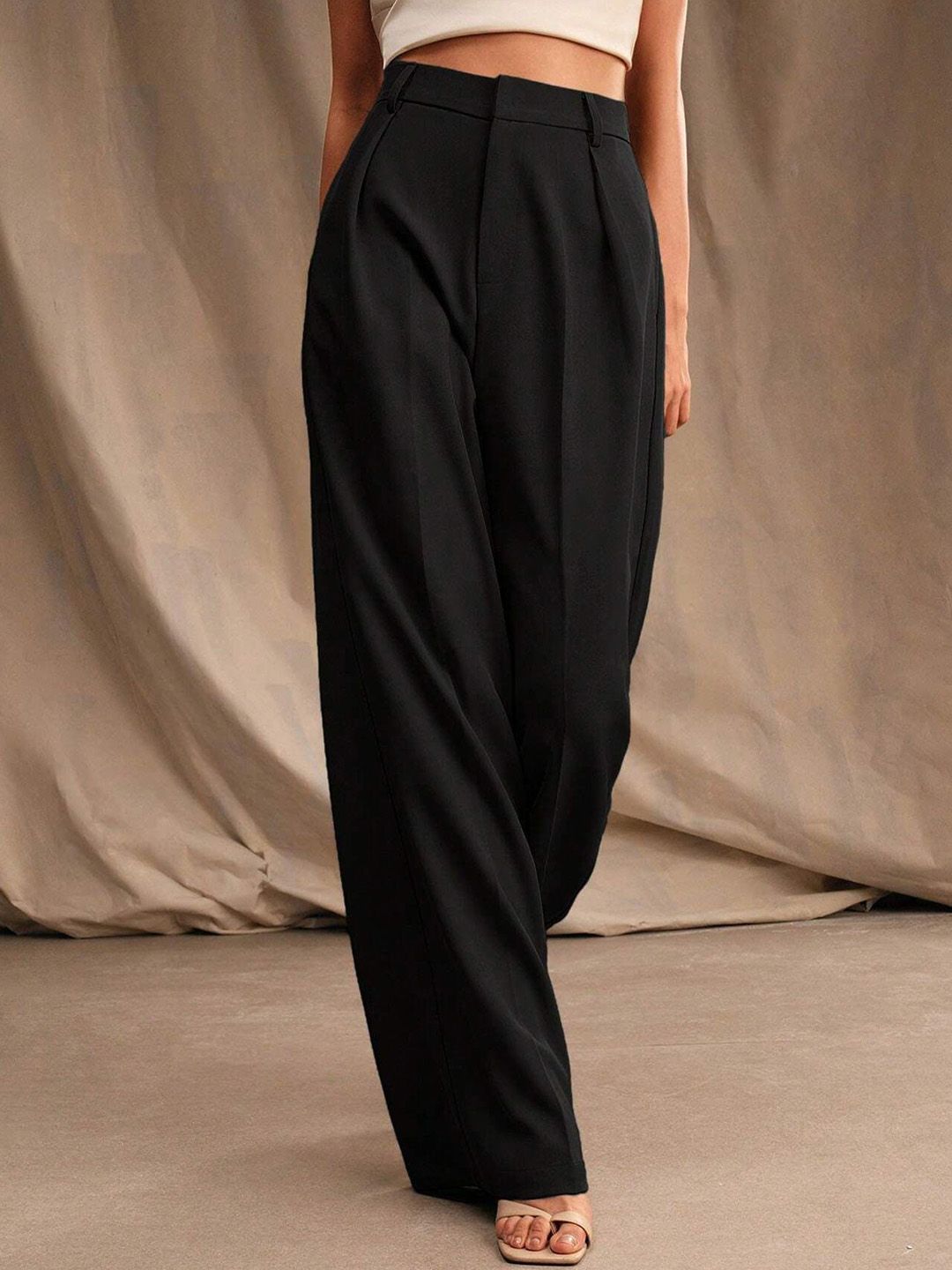 Kotty Women Relaxed Straight Fit High-Rise Pleated Wide Leg Trousers