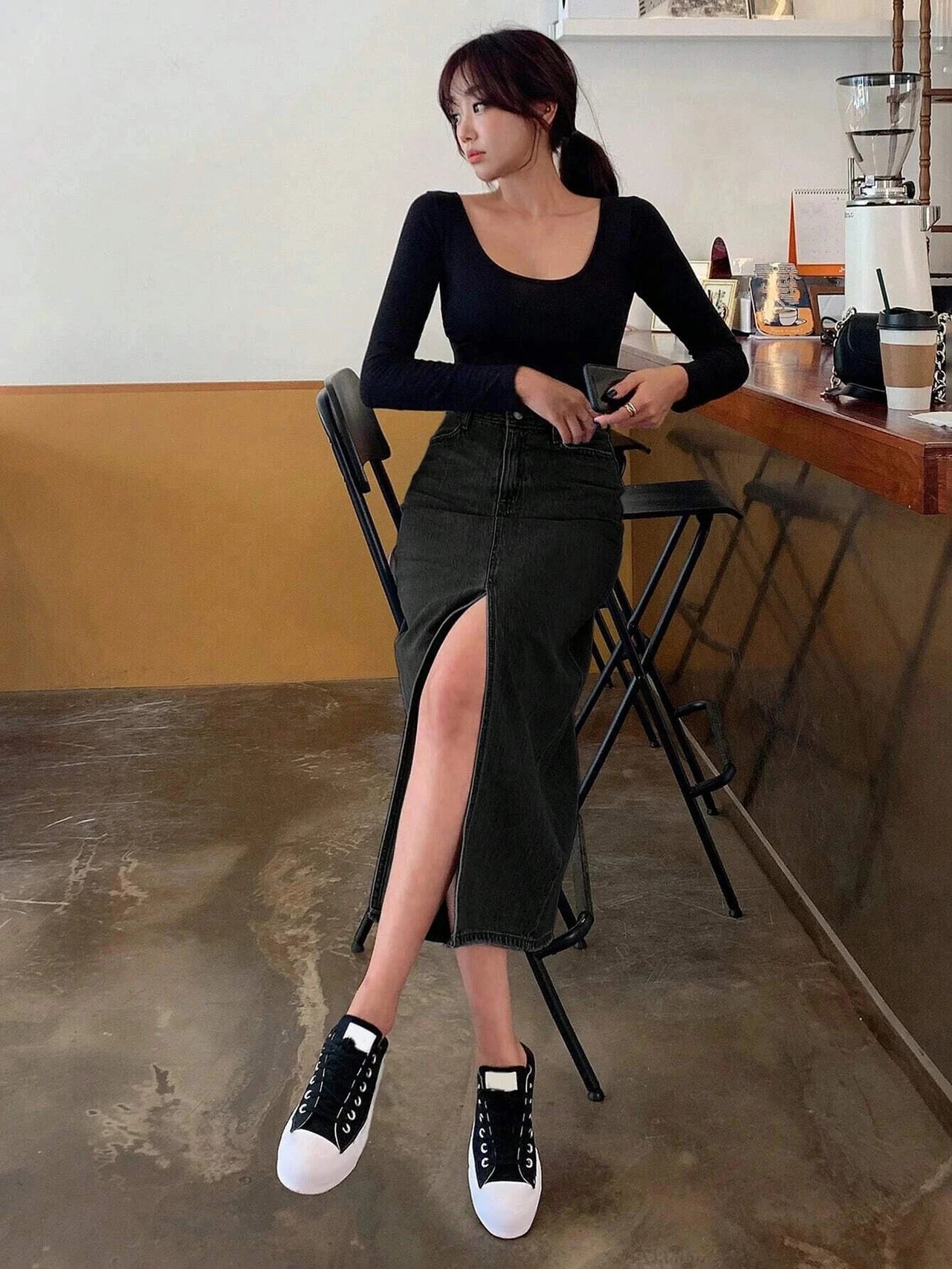 Women's Black High-Rise Denim Midi Skirt With Slit