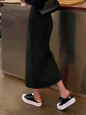 Women's Black High-Rise Denim Midi Skirt With Slit