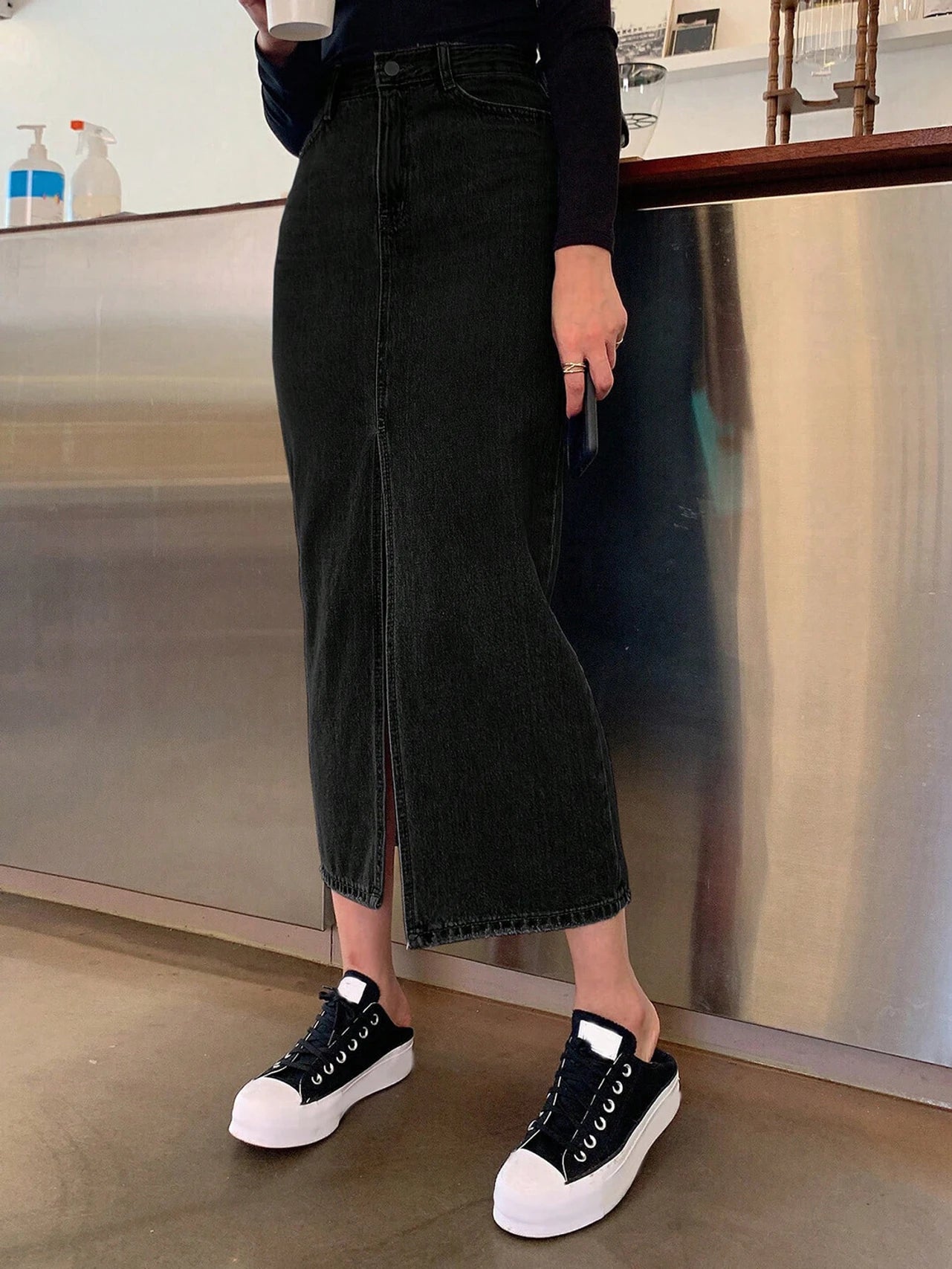 Women's Black High-Rise Denim Midi Skirt With Slit