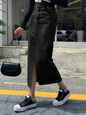 Women's Black High-Rise Denim Midi Skirt With Slit