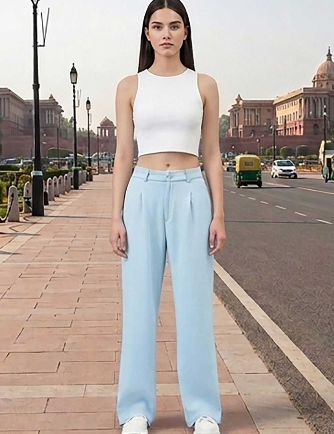 Blue Regular Fit High-Rise Trousers for Women – Chic Solid Design | Kotty