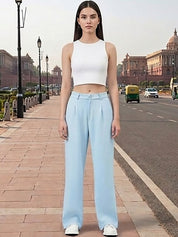 Blue Regular Fit High-Rise Trousers for Women – Chic Solid Design | Kotty