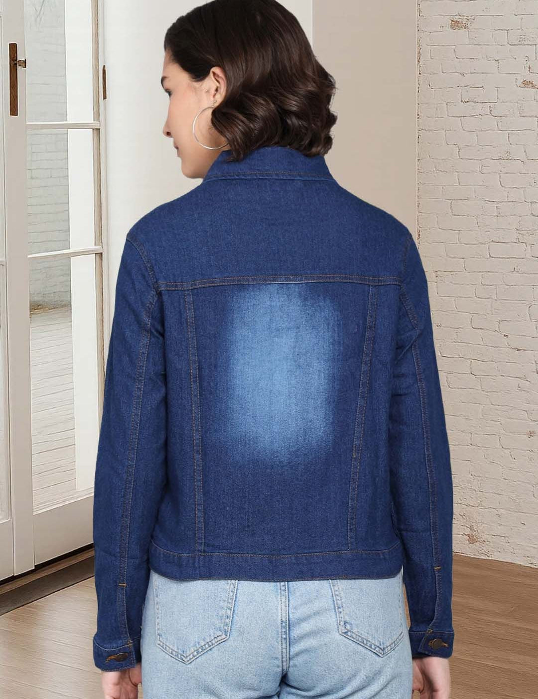 Kotty Women Spread Collar Solid Denim Jacket