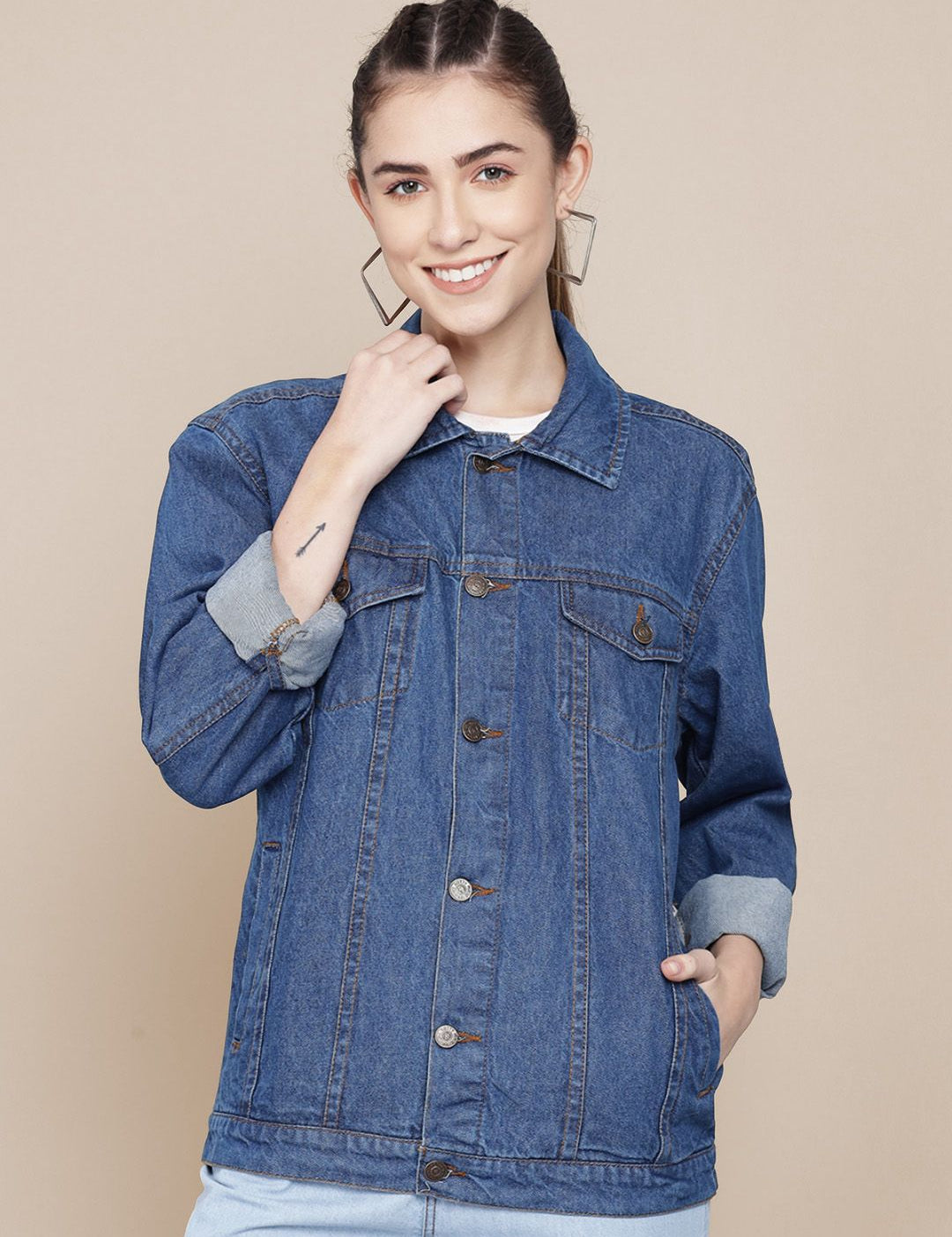 Kotty Women Spread Collar Solid Cotton Casual Denim Jacket