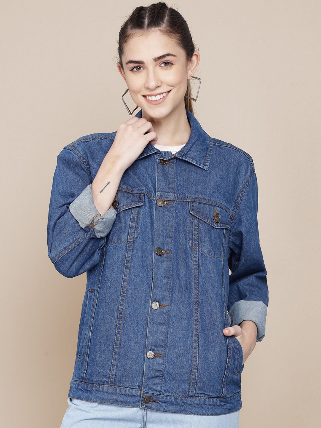 Kotty Women Spread Collar Solid Cotton Casual Denim Jacket