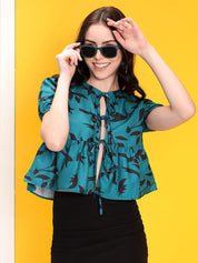 Kotty Print Tie-Up Neck Crepe Crop Top