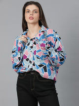 Kotty Women Spread Collar Abstract Printed Cotton Oversized Casual Shirt