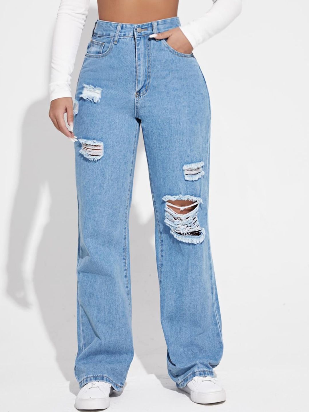 Kotty Women Cotton Straight Fit High-Rise Highly Distressed Jeans