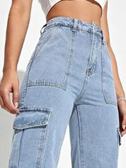 Kotty Women Straight Fit High-Rise Stretchable Cotton Cargo Jeans