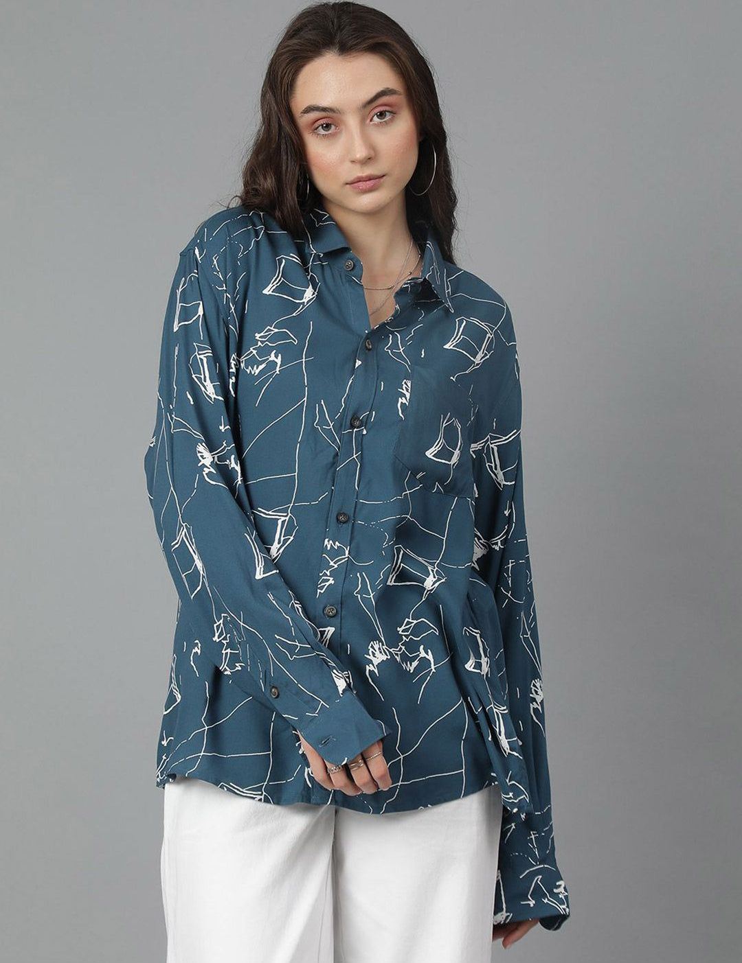 Kotty Women Spread Collar Abstract Printed Cotton Oversized Casual Shirt