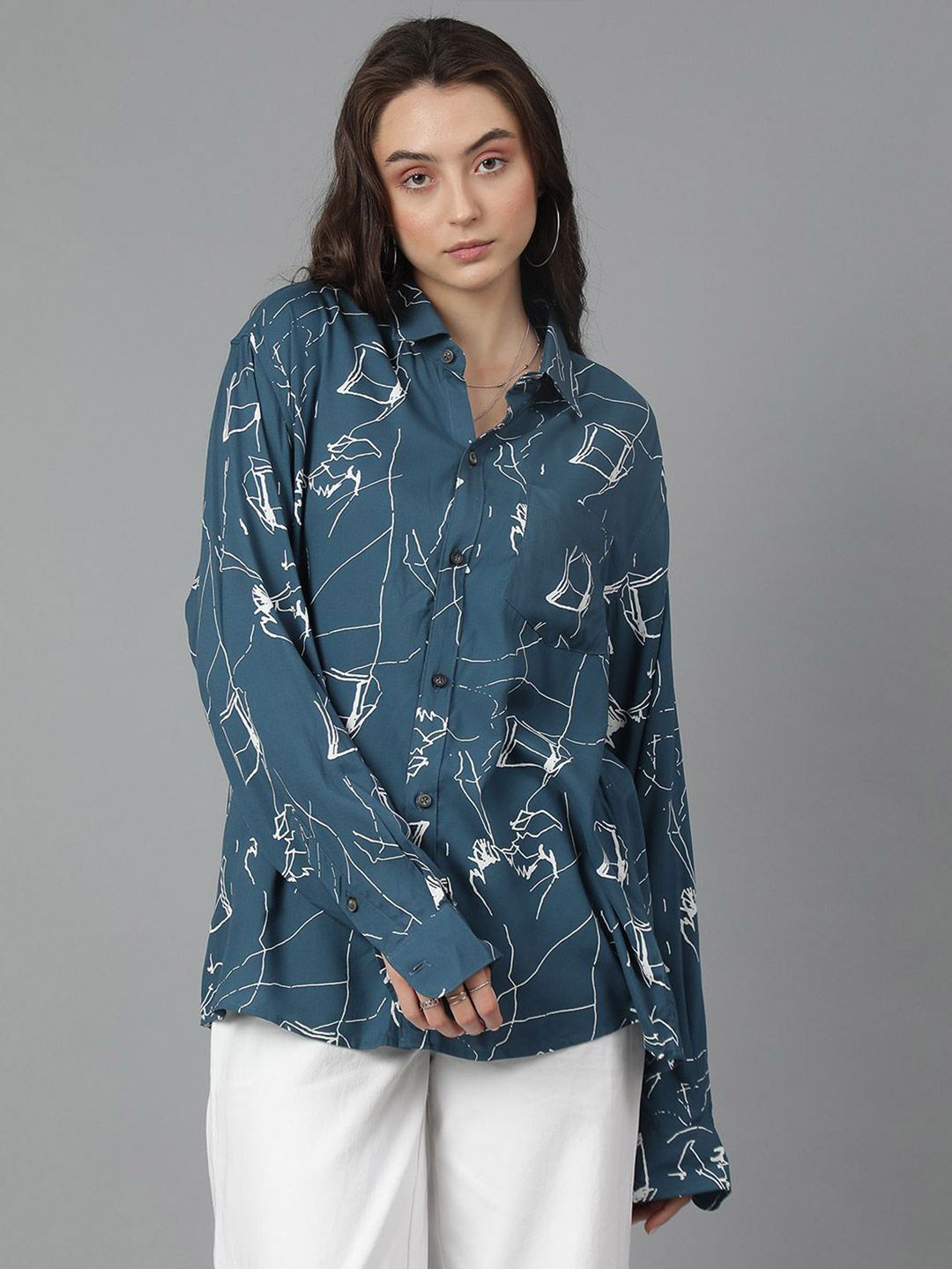 Kotty Women Spread Collar Abstract Printed Cotton Oversized Casual Shirt