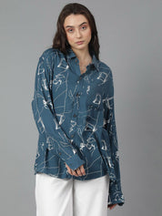 Kotty Women Spread Collar Abstract Printed Cotton Oversized Casual Shirt