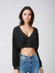 Kotty Women Striped V-neck Crop Cardigan Sweaters