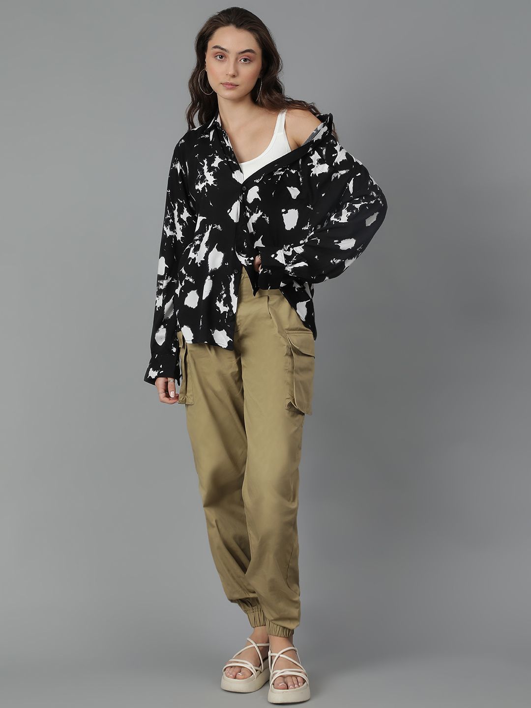 Kotty Women Spread Collar Abstract Printed Cotton Oversized Casual Shirt